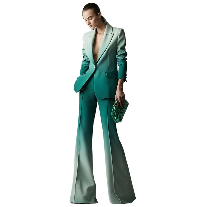 

2024 Women's Chic Matching Sets Gradual Color Pant Sets Single Button Suits Green Jacket Flared Pants Elegant Blazer Two Piece