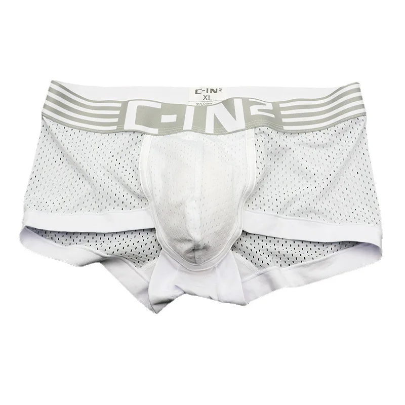 CIN2 men\'s boxers Solid color cotton mesh breathable shorts comfortable U convex jockstrap elastic quick drying underwear