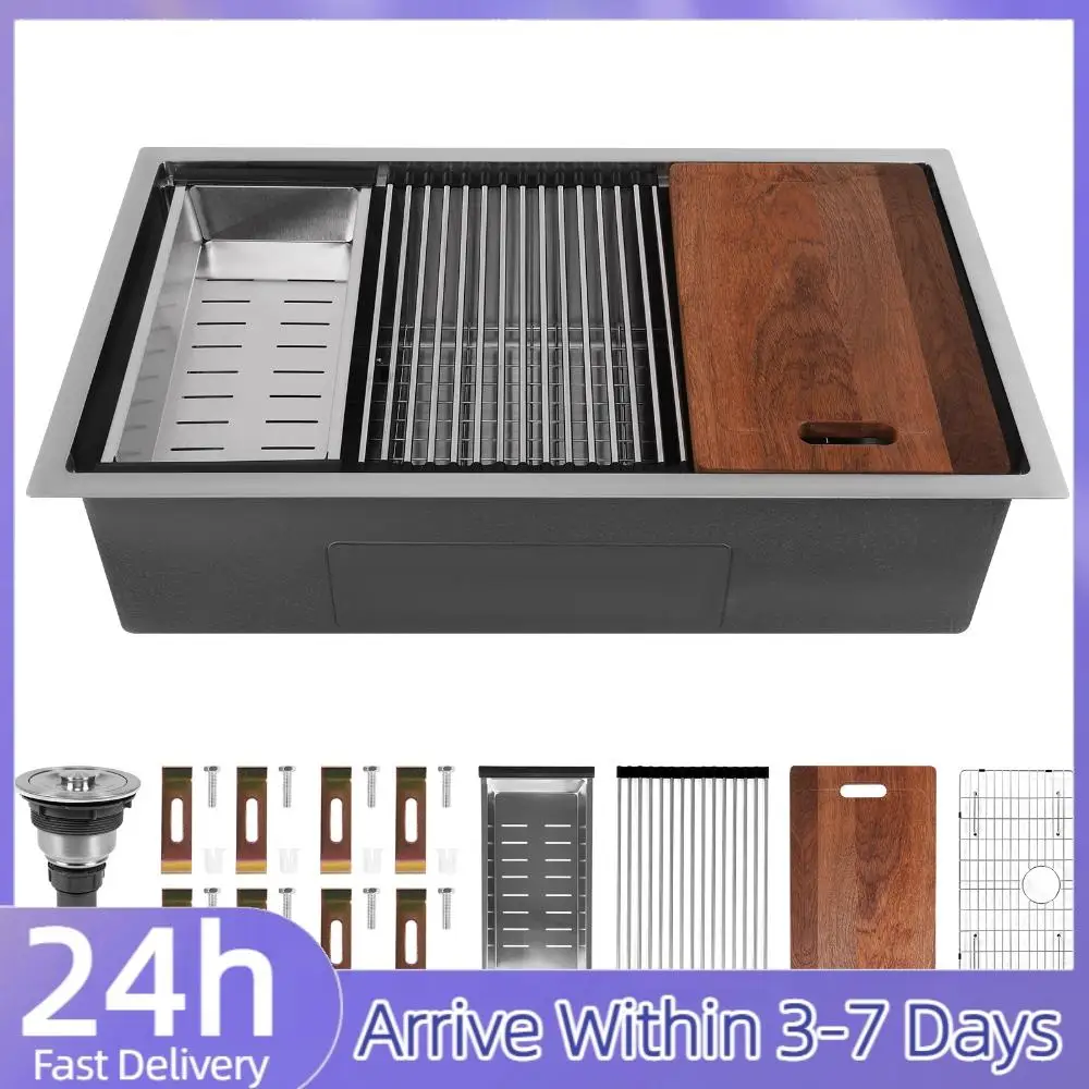 

Встраиваемая кухонная мойка из нержавеющей стали 16 калибра, 30/33 дюйма, с нижней корзиной-фильтром, многофункциональная мойка для поваров