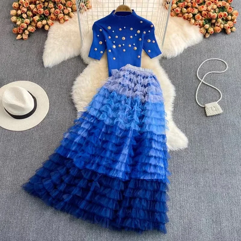 Runway Autumn Winter Two Piece Set Luxury Women Pearls Golden Button Knitted Sweater Tops + Mesh Ruffles Cake Long Skirt Suits