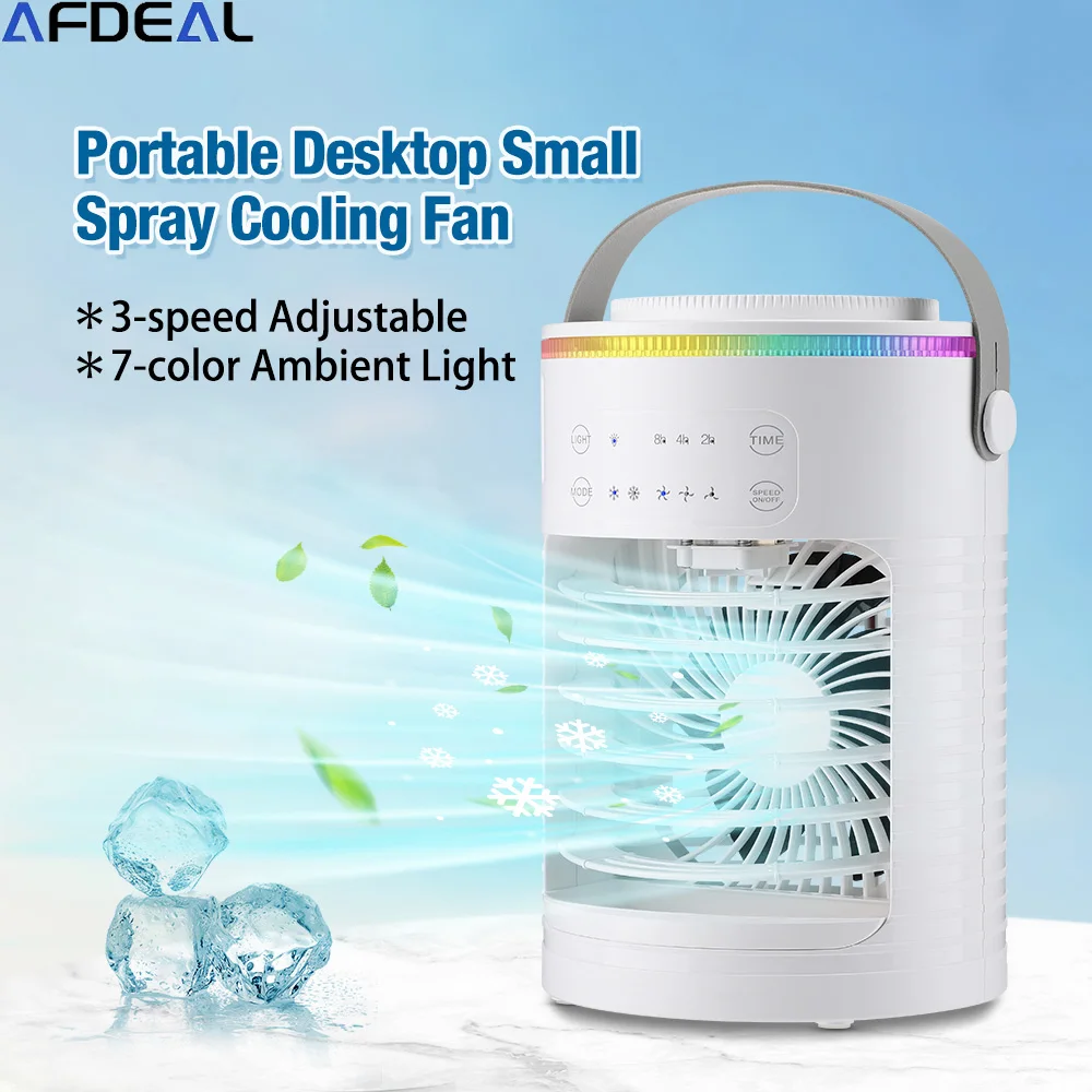 Ventilador de aire acondicionado portátil, ventilador de refrigeración de aire con pulverizador de atomización ultrasónica silenciosa, luz nocturna de 7 colores, ventilador humidificador enfriador de aire USB