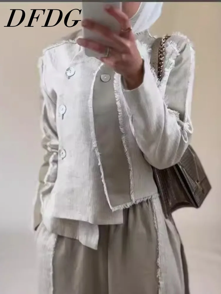 

DFDG Hairy Edge Design Temperament Spring And Autumn New Styles Contrasting Color Splicing Irregular Top Jacket For Women 2024