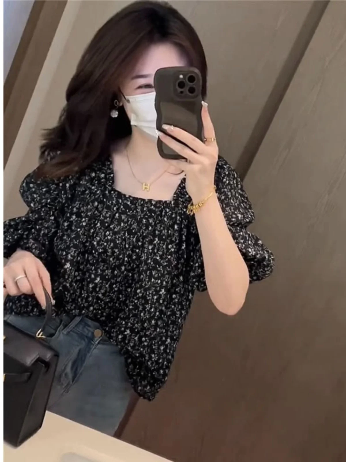 

Ele Floral Print Chiffon irt Women's Summer New Design Square Collar Bubble Sve Top Loose Fit ort Sve Faion