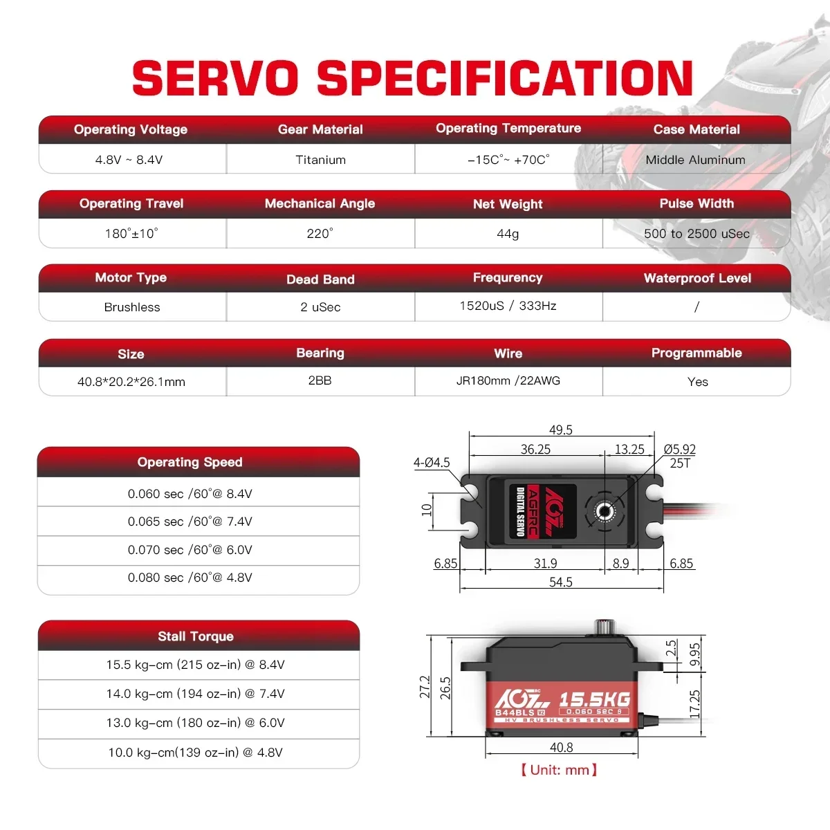 AGFRC-Servo Digital sin escobillas para coche de carreras, engranaje de titanio B44BLS V2, 45g, supervelocidad, 0.062seg, 15,5 KG, perfil bajo, 1/10