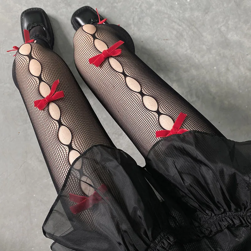 JK Lolita Girls Thigh High Stockings Pantyhose Hollow Out Mesh Fishnet Tights Women Japanese Style Velvet Bow Kawaii Cute Tights