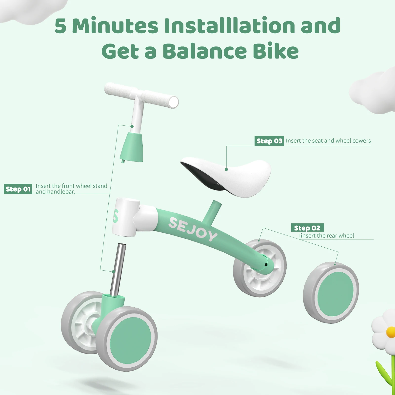 Sejoy Baby Balance Bike Children Walker for 1-3 Years Old Boys Girls 12-36 Months Kids Toddler 4 Wheels Riding Toys,Birthday Gif