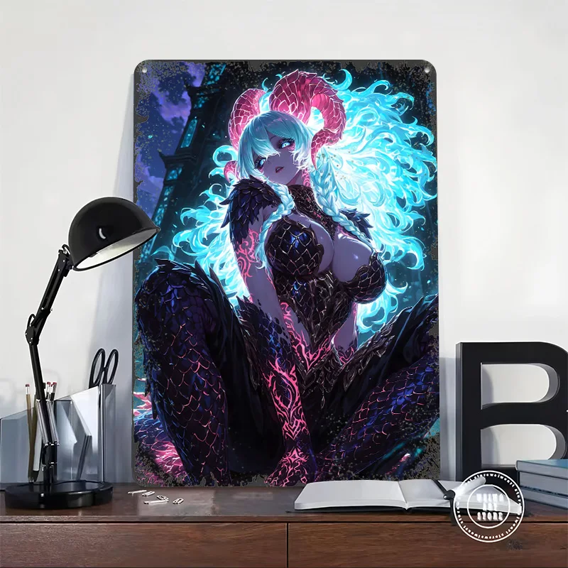 Horned Demon Girl With Glowing Hair Printed Poster Customized Wall Art Retro Vintage Metal Tin Signs for Desk Decor Coffee Bar