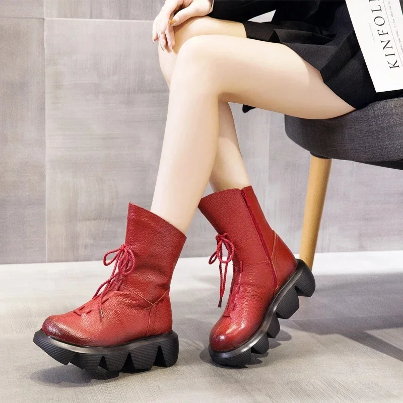 BEYARNE Botas Women Motorcycle Ankle Boots Wedges Female Lace Up Platform Spring Genuine Leather Handmade Shoes Woman