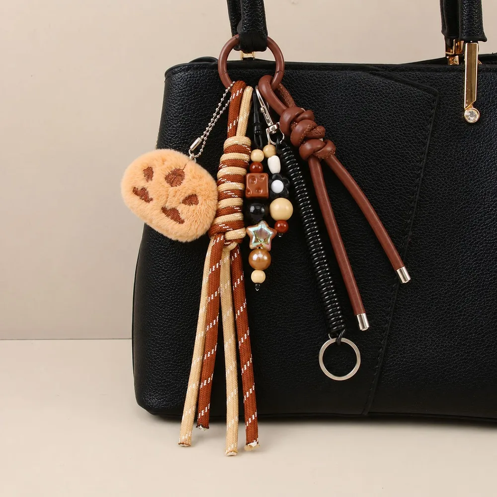 Bag Charm Keychain Brown Beaded Braided Rope Tassel Layered Pendant Purse Handbag Tote Backpack Accessory For Everyday Styling