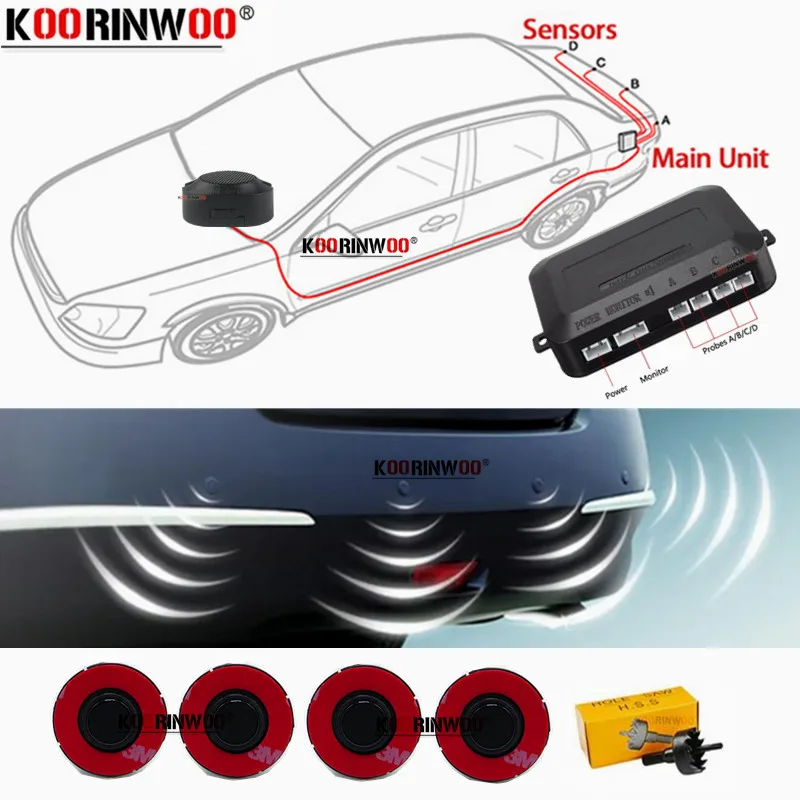 

Koorinwoo Cars Parktronic Sensors Kit 16.5MM 4 Back Radar Adjustable Speaker Alert Probe System Blind Spot Detector For Parking