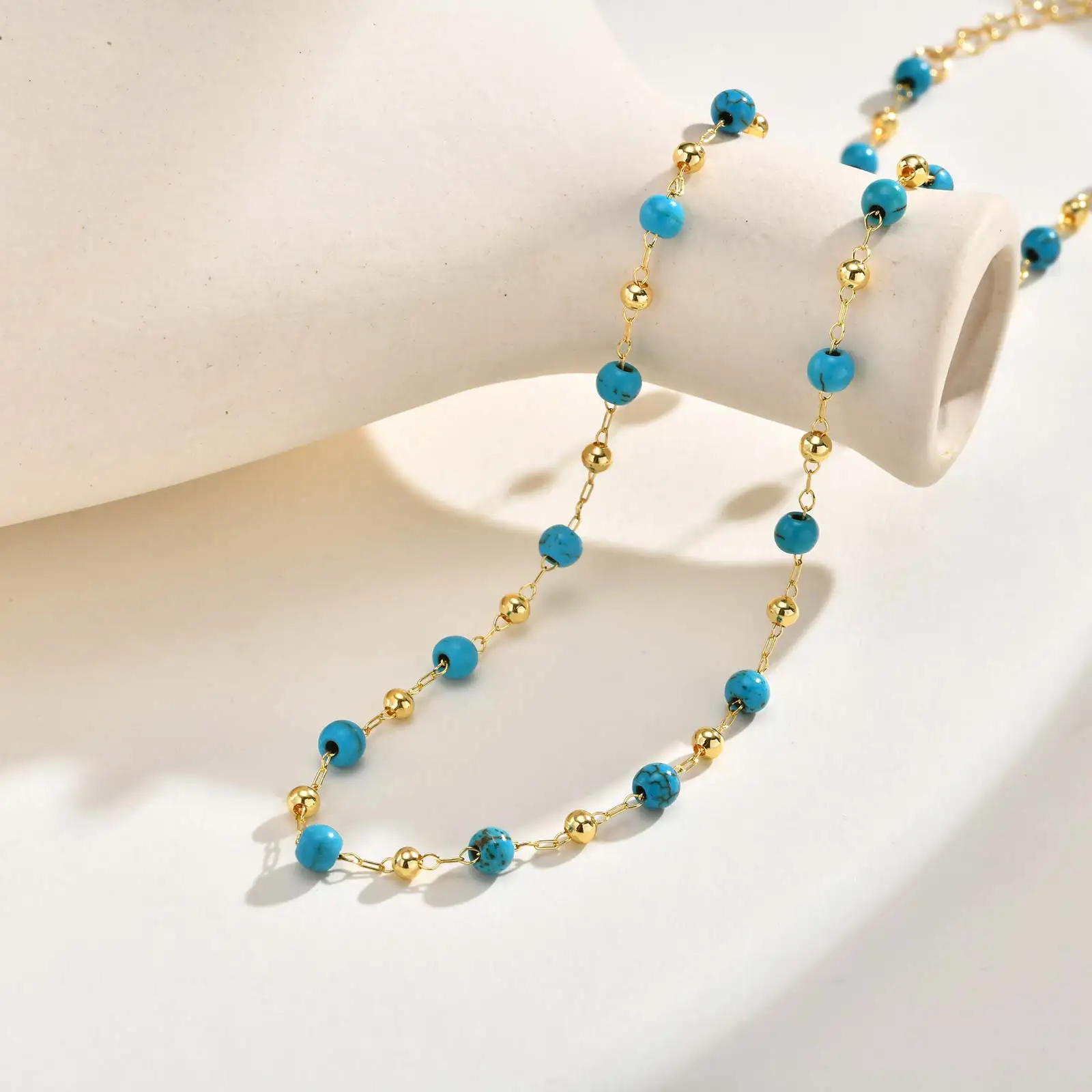 Vintage High Quality Blue Natural Stone Turquoise Beads Chain Necklace, Fashion Party Daily Neck Jewelry for Women Gift
