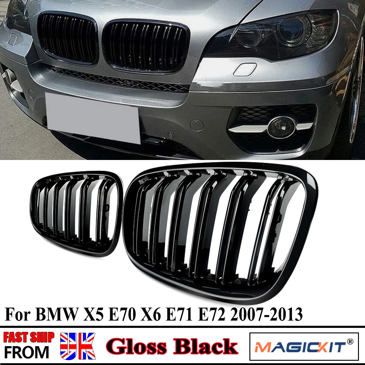 

Dual Lines Bumper Grill For BMW X5 E70 Front Grill X6 E71 2007 2008 2009 2010 2011 2012 2013 Gloss Black Front Kidney Grille
