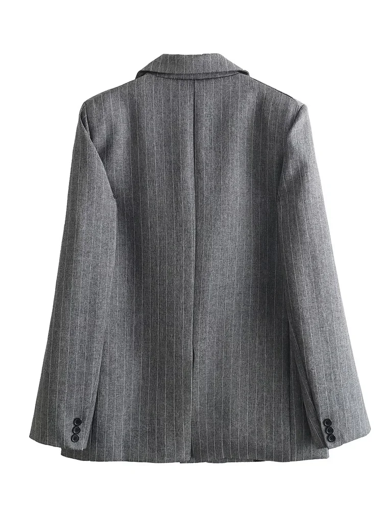 Women Fashion With Pockets Striped Single Breasted Blazer Vintage Notched Neck Long Sleeves Female Chic Lady Outfits