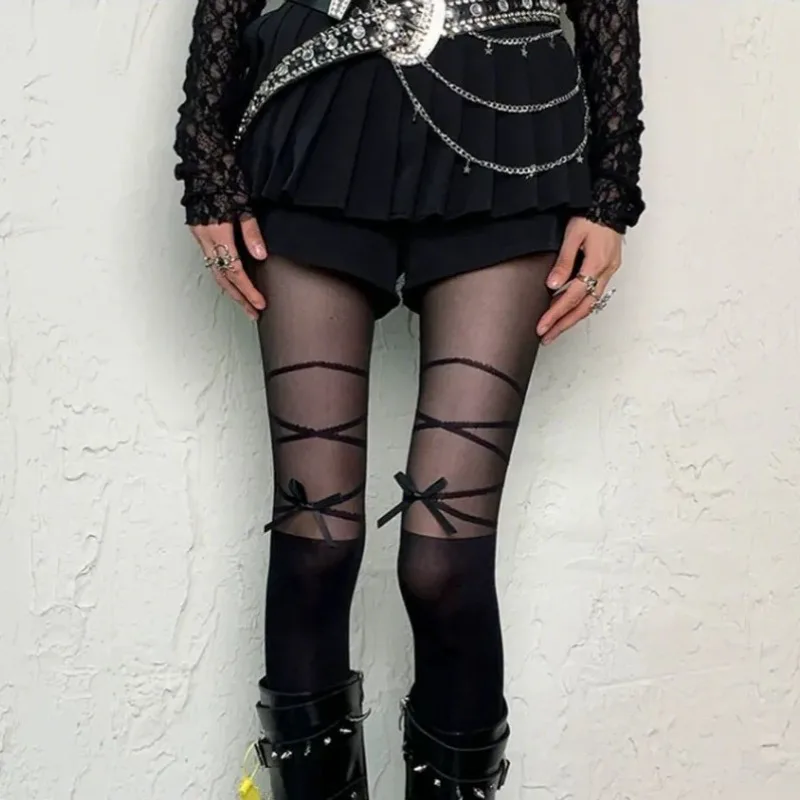 

1 пара черных прозрачных чулок с бантом на бретелях, милые длинные колготки в стиле Лолиты для девочек, японские колготки Jk Y2k, носки, высокоэластичные колготки