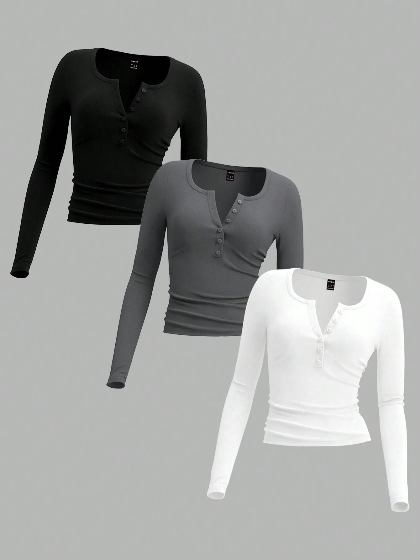 

Набор из 3 женских трикотажных футболок с длинным рукавом и воротником-хенли, минималистичный топ для осени и зимы, черный, серый, белый