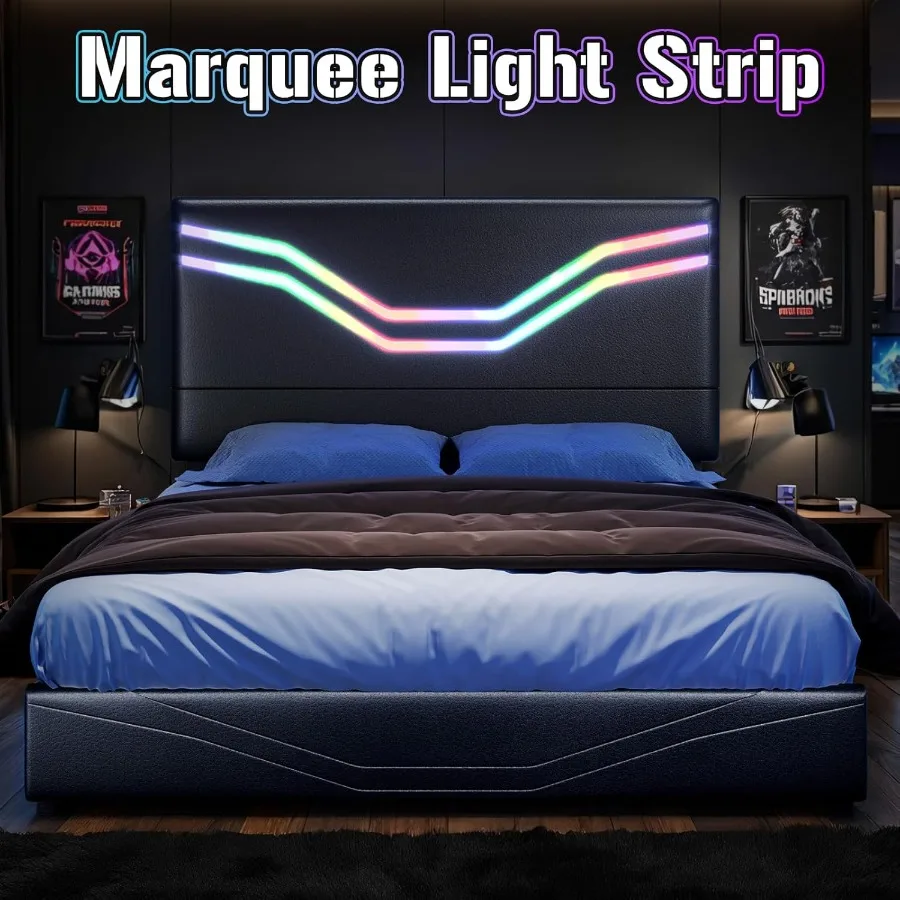 إطار سرير بمنصة بحجم كوين مع أضواء LED و4 أدراج تخزين ولوح رأسي منجد من الجلد بدون صندوق سرير ألعاب زنبركي