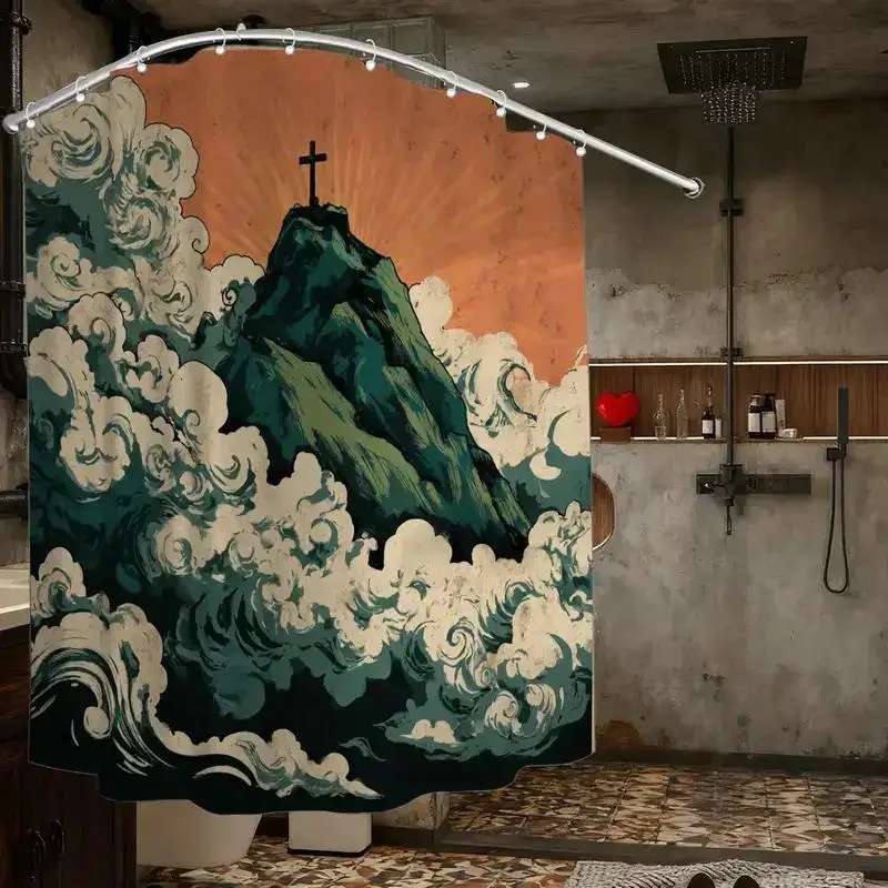 

Sacred Mountain Shower Curtain – Illustrated Cross on Peak, Wave Design, 12 Hooks, 70.87×70.87" Waterproof Bath Decor