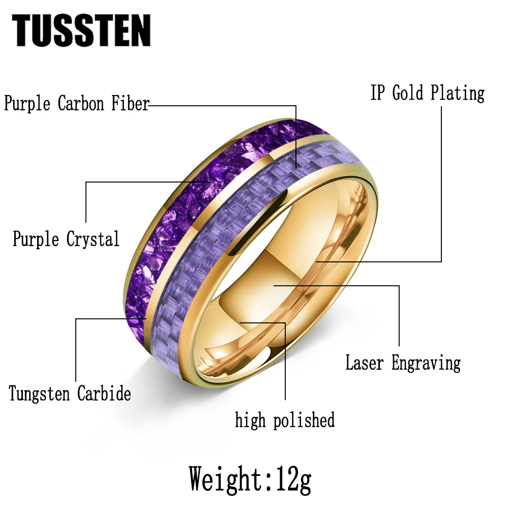 TUSSTEN 6/8MM Men and Women Marriage Tungsten Ring Dome Double Groove Inlaid Purple carbon fiber crystal stone Comfortable Fit
