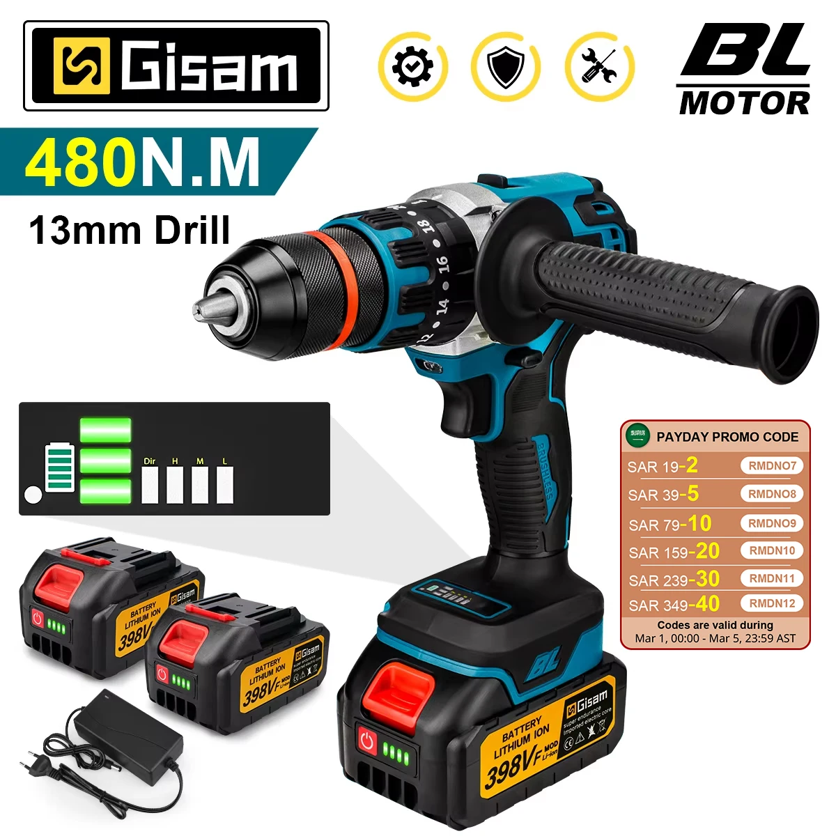 18V 13mm 480NM Brushless Electric Impact Drill Cordless Drill Electric Screwdriver DIY Driver Power Tools for Makita 18V Battery