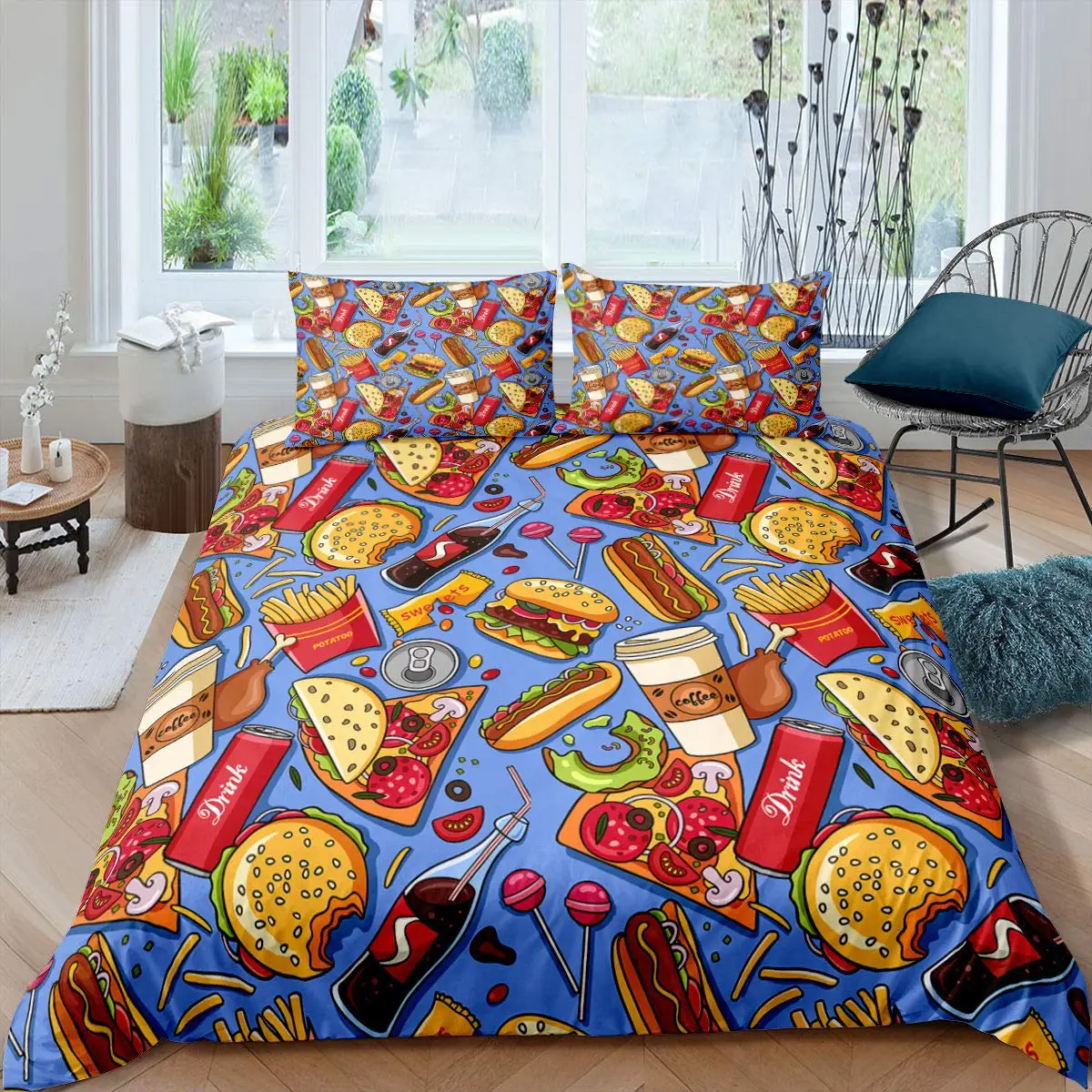 

American Fast Food Duvet Cover Set Full Size Polyester Pizza Hotdog Hamburger Print Bedding Set French Fries Cartoon Quilt Cover