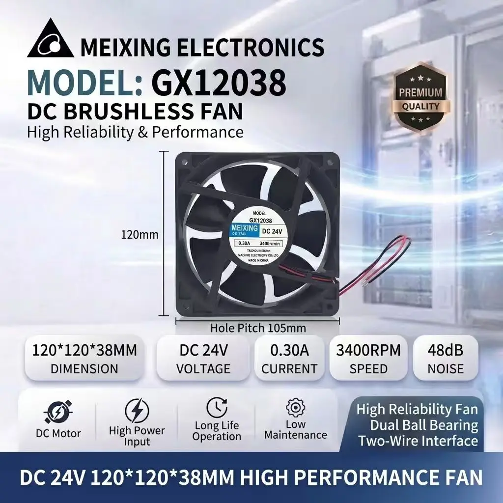 For MEIXING GX12038 DC 24V 0.30A 3400RPM 12038 120x120x38mm Dual Ball Bearing Server Inverter Industrial Axial Cooling Fan