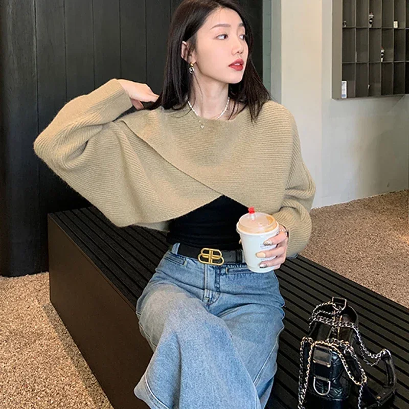 Winter Knitted Cropped Cross Irregular Streetwear Sweater Y2K Tops Women Sweater Autumn Long Sleeve Pullovers Sweater Pull 22933