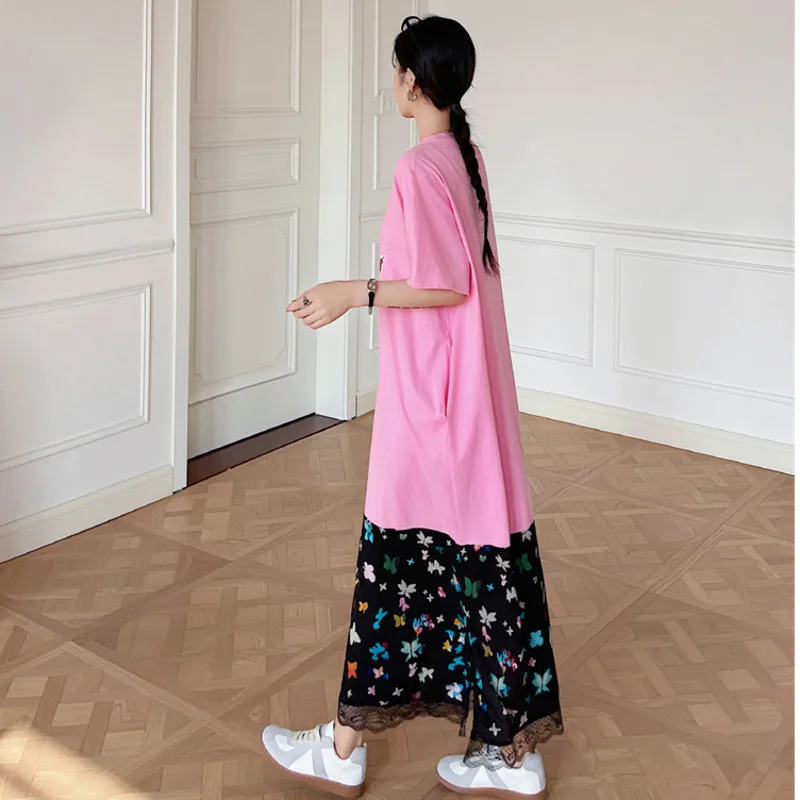 #6224 Pink False Two Piece T Shirt Dress Long Cotton Printed Spliced Lace Vintage Loose Ankle-length Streetwear Dresses Summer