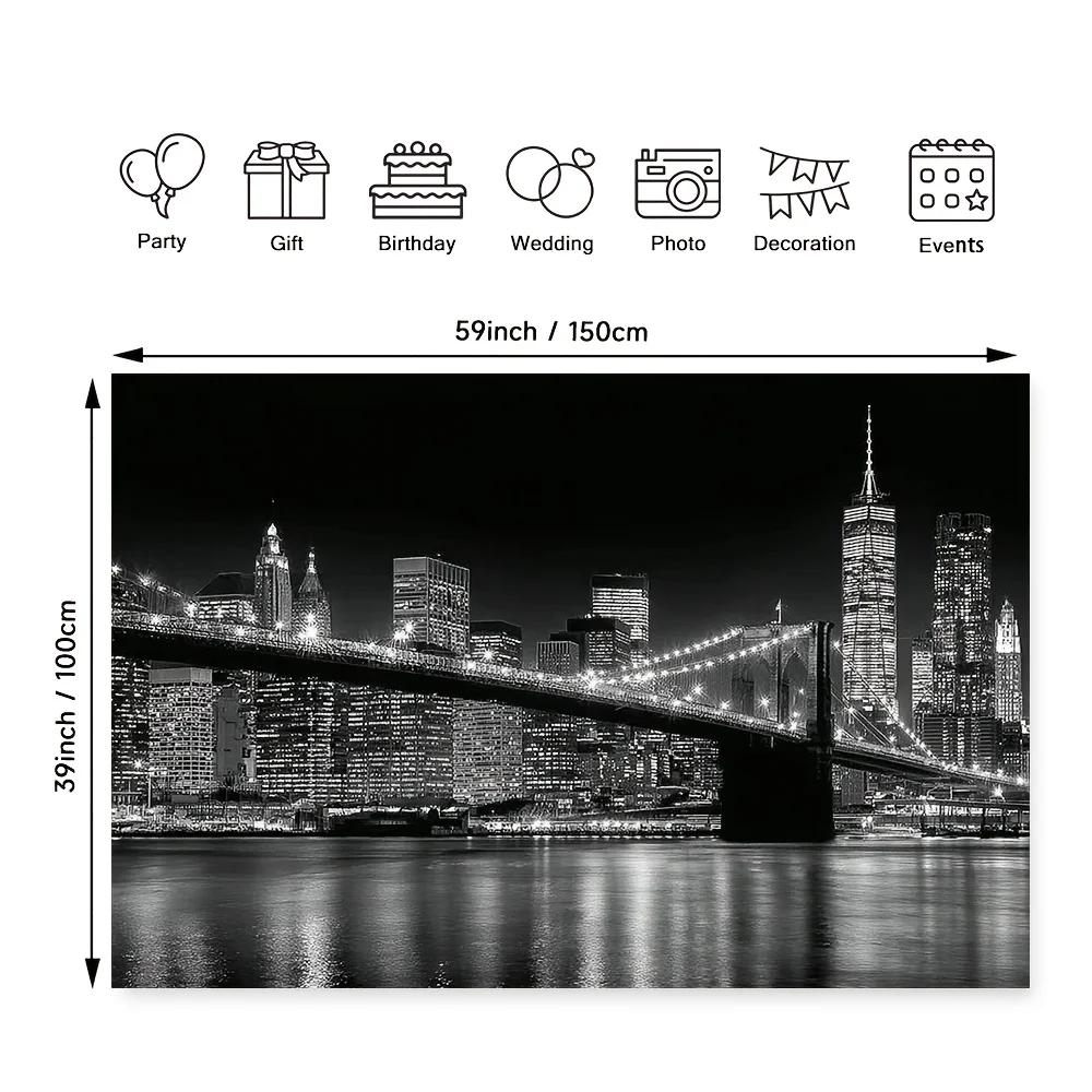 Plan 2D, 1 pegatina de pared con el horizonte de la ciudad de Nueva York y el puente de Brooklyn - Fondo de escena nocturna de Nueva York en blanco y negro