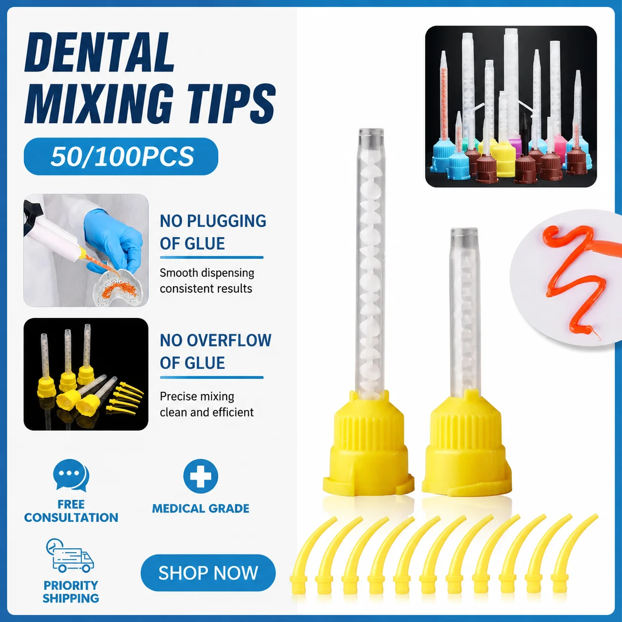 

50/100Pcs Dental Disposable Mixing Tips, Yellow 1:1 Mixers for Impression Materials, Dispensing Nozzles Mixing Tube