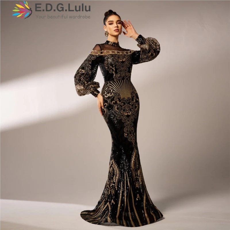 EDGLuLu  O Neck Mesh Patchwork Gold Sequin Print Woman Elegant Dress Lantern Sleeve Long Mermaid Dresses Floor Length Dress 1205