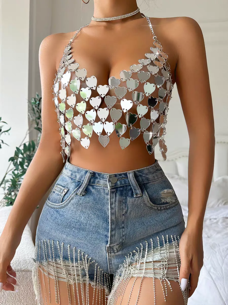 

Sexy Heart Sequinned Backless Halter Top