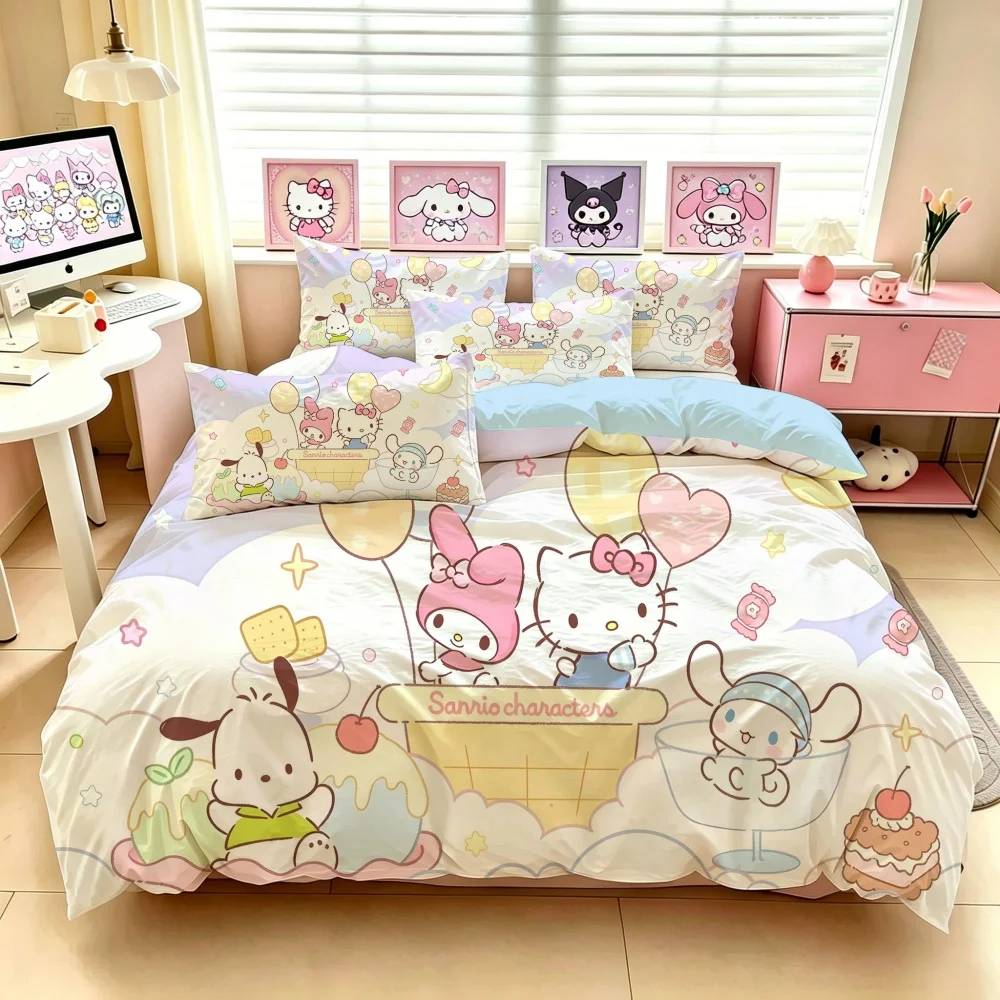 Sanrio Friends Pastel Rainbow Bedding Set, Soft All Over Print Duvet Cover with Pillowcases, Kawaii Anime Gift for Girls Bedroom