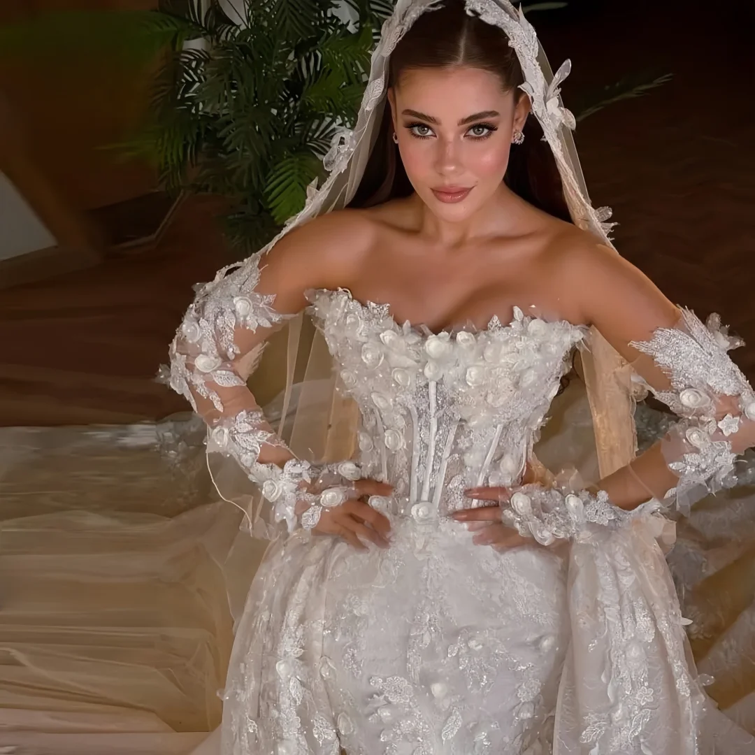 Mermaid Sexy Wedding Dresses Strapless  LaceFlowers Grace Detachable Train Vintage Custom Made Bridal Gown Vestido De Novia