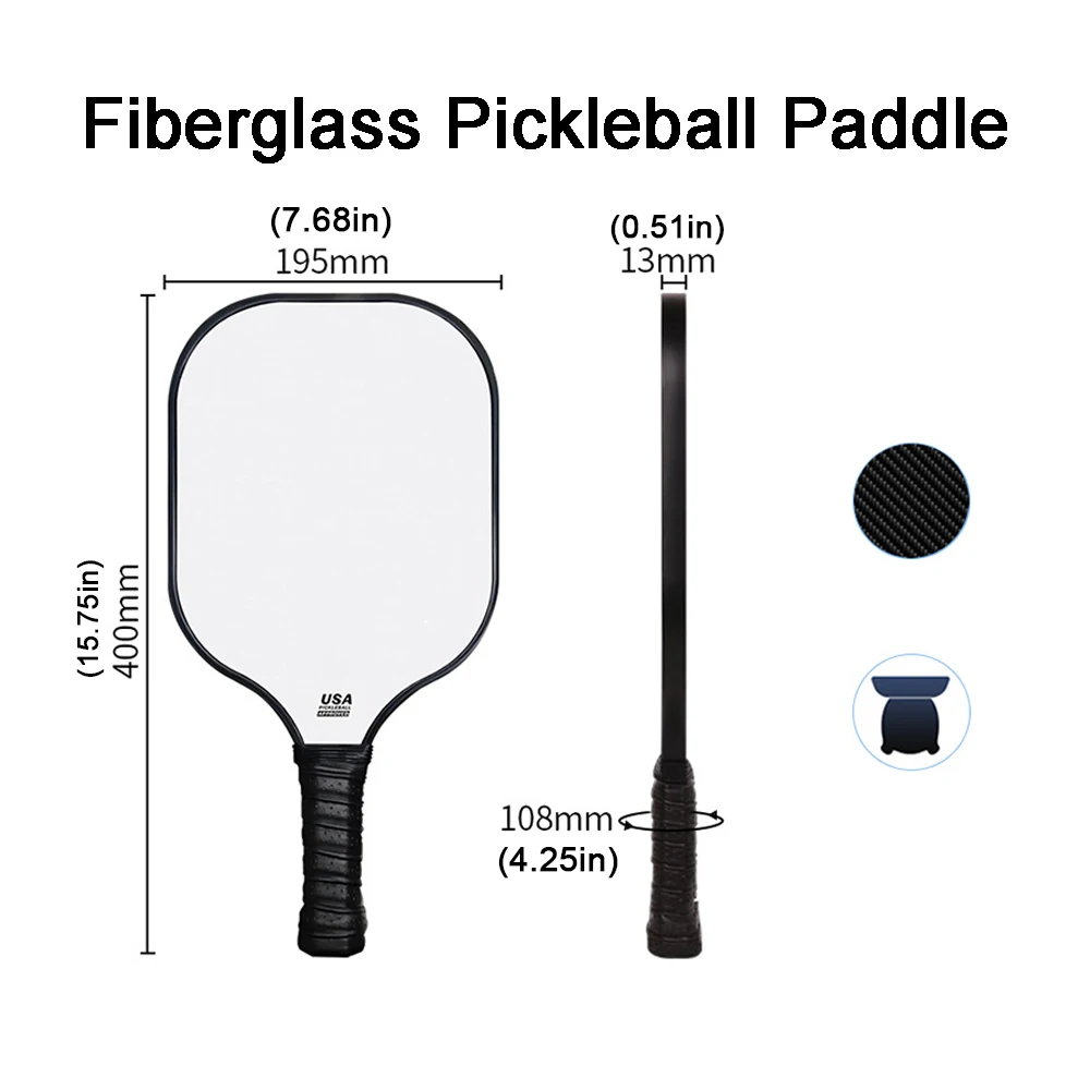 Fiberglass Pickleball Paddle Black & White, Large Sweet Spot Honeycomb Core Pickleball Racket for Beginner Recreational Players