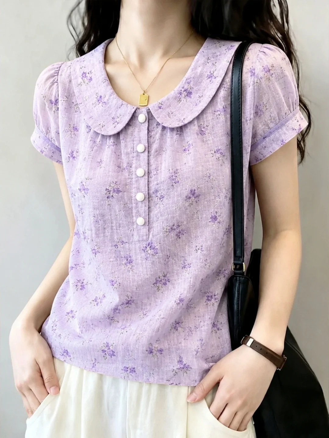 

Sweet Floral Short Sleeve Shirt Stand Collar Korean Style Fashionable Summer Top for Young Women Commute Style Straight Cut