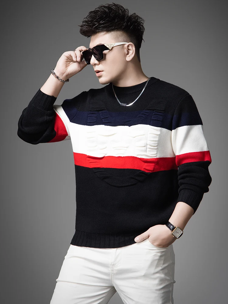 

Thi Knitted Sweater Men's Autumn Winter Faion Brand Warm Long Sve Knitwear Coat round Ne Striped Pattern