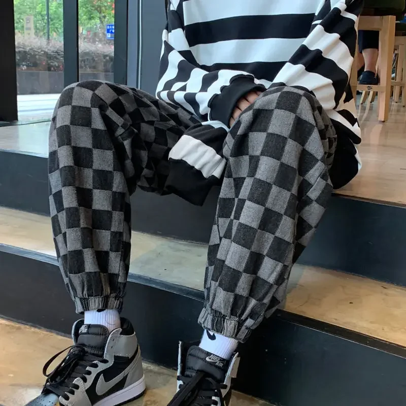 Autumn and Winter Checkerboard Jeans Men's Casual Loose Sports Leggings Hong Kong Style American Hip-hop Retro Trousers