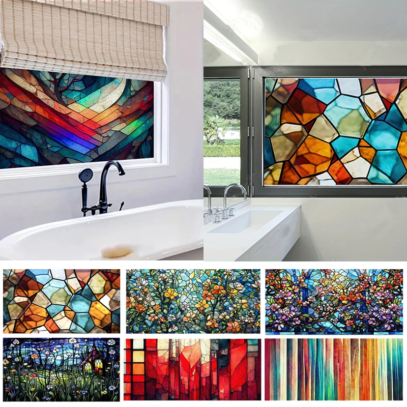 45x100cm Abstract Colorful Pattern Privacy Window Stickers Static Cling Stained Glass Decal Home PVC Window Decorative Film DIY