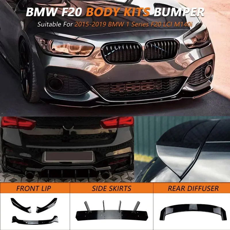 For BMW 1 Series F20 F21 2015~2019 M-Pack Style Car Front Bumper Lip Rear Diffusers Rear Spoiler Glossy Black Body Kit Tunning