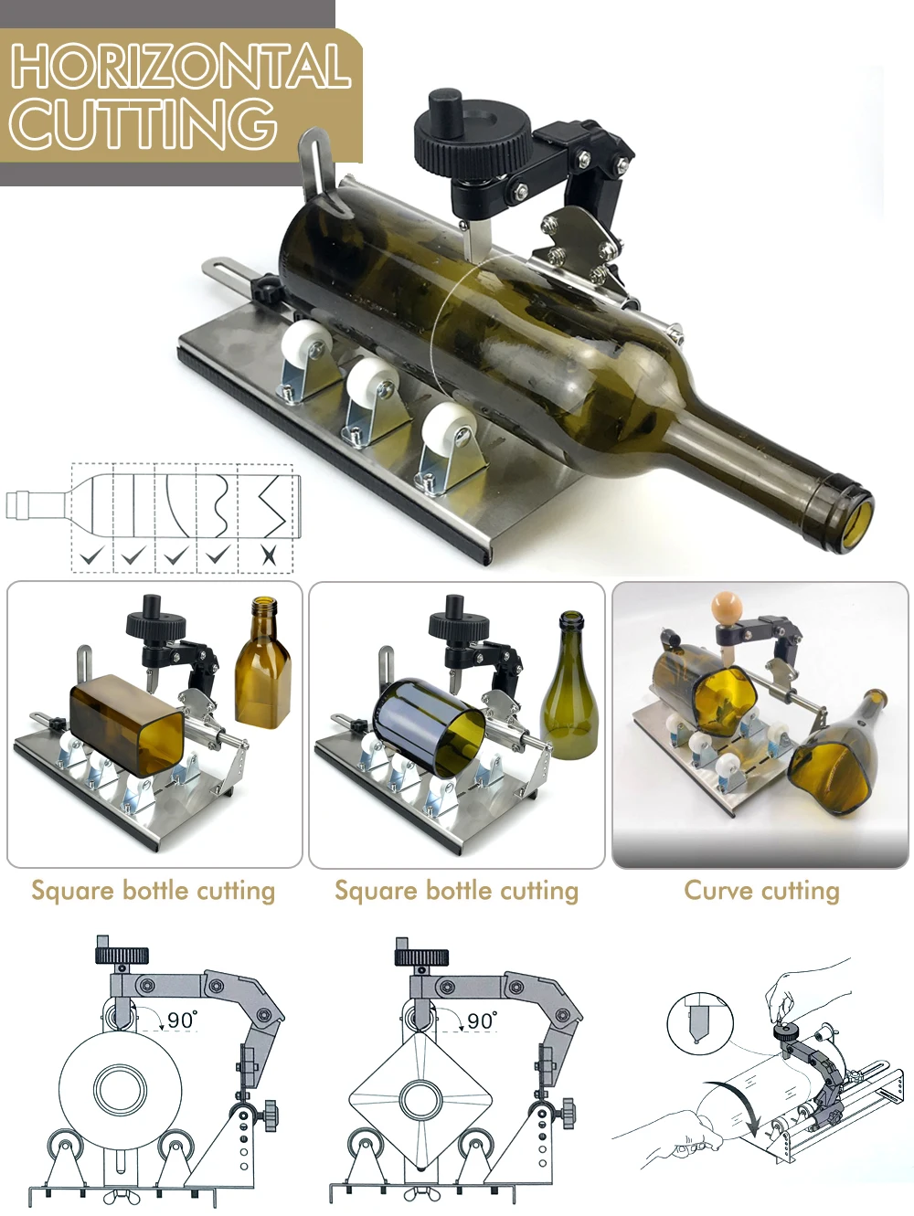 Glasflaschenschneider, verbesserte gebogene Glasschneidewerkzeuge für runde, quadratische Flaschen und Flaschenhalter, DIY-Bastelset – Detail 3