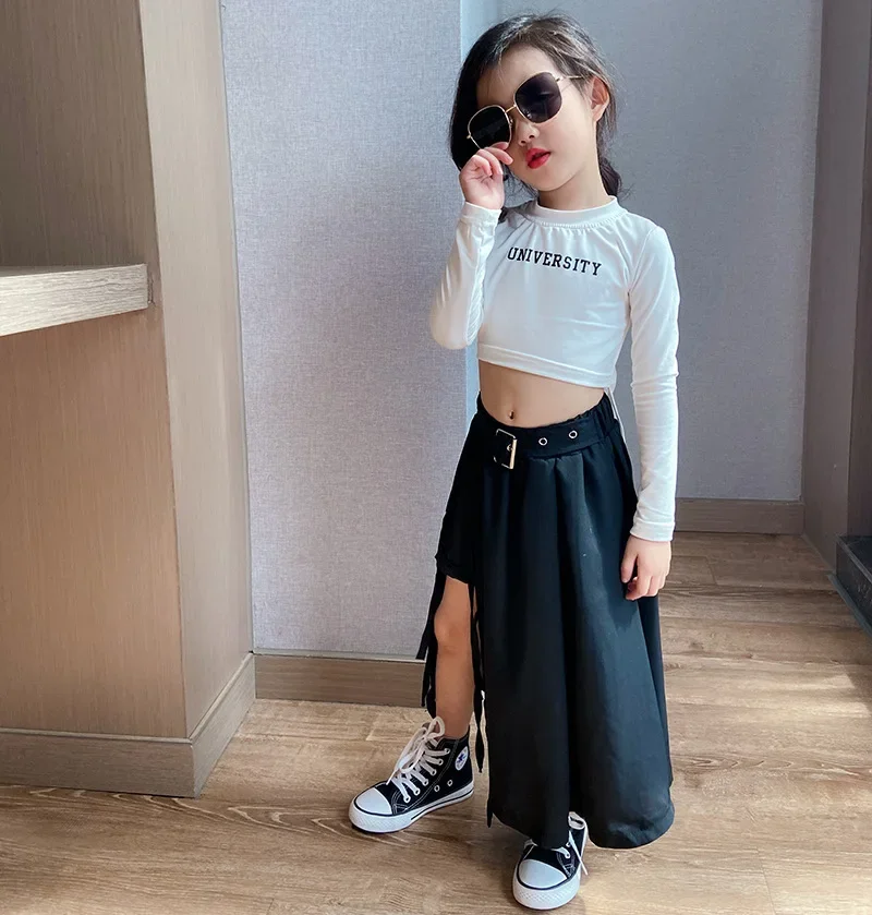 Korean Streetwear Black Chiffon Midi Skirt Slit Irregular High Waist Baby Girls Kids Clothing Party Show Long Skirts 3 To 12 Yrs