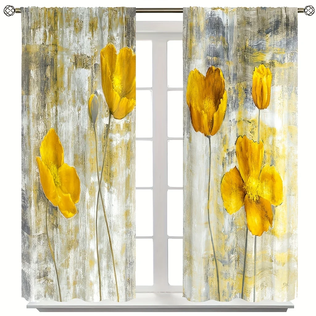 Retro Floral Flower Kitchen Curtains, Farmhouse, Bedroom, Office, Living Room, Study, Home Decoration, Rod Pocket, 2Pcs