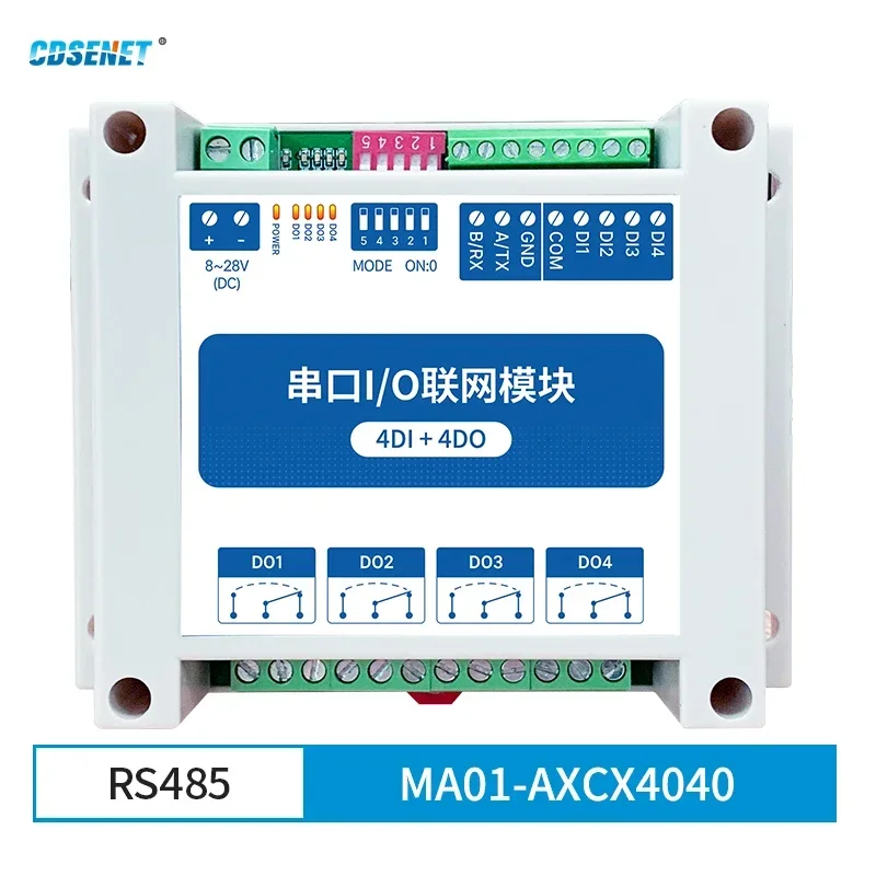 ModBus RTU Serial IO Module RS485 Interface 4DI+4DO 4 Digital Outputs CDSENET MA01-AXCX4040 Rail Installation 8~28VDC