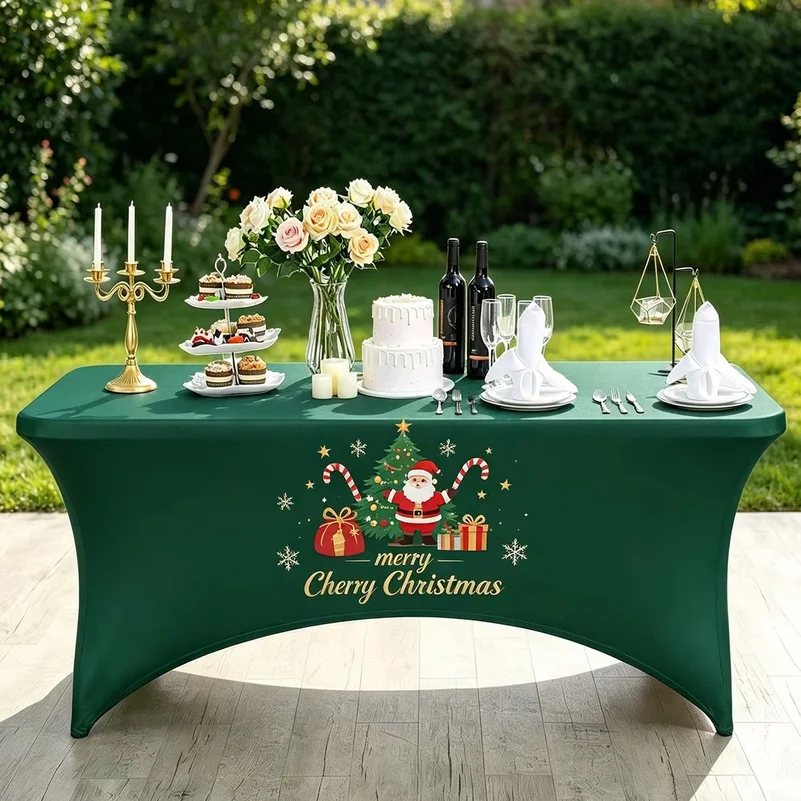 Merry Christmas Stretch Spandex Table Cover Fitted Rectangular Elastic Tablecloth Santa Xmas for Wedding Banquet Cocktail Party