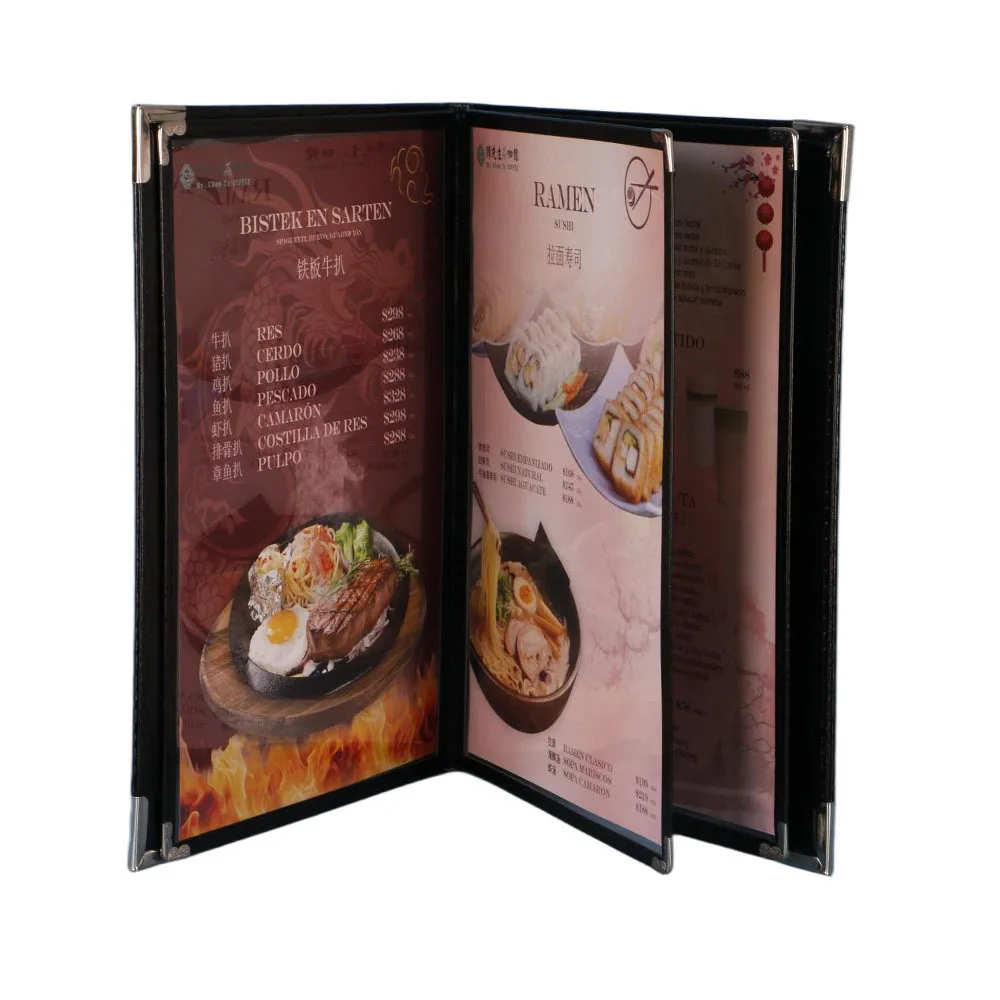 Personalizado 6 páginas 12 vistas A4 cubierta de menú de restaurante superficies de visualización transparentes menú de PVC soporte de papel carpeta de libros