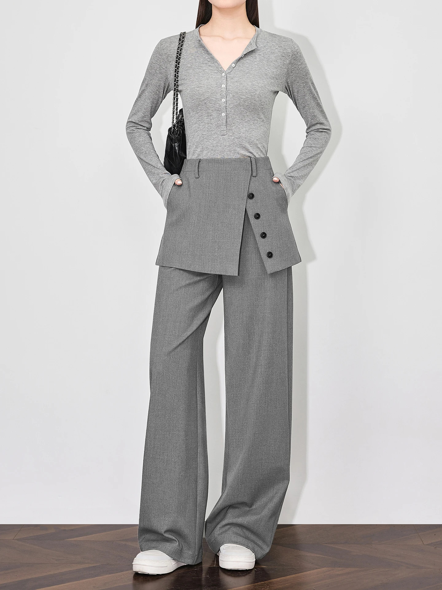 

Шерстяные повседневные брюки прямого кроя для женщин, комплект из двух предметов с дизайном «штора», высокая талия, застежка на пуговицы, для офиса