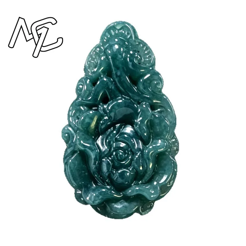 Natural A Grade Burmese Blue Water Jadeite Pendant Hand Carved Peony Flower Amulet Jade Floral Necklace Charm Lucky Jewelry Gift 5