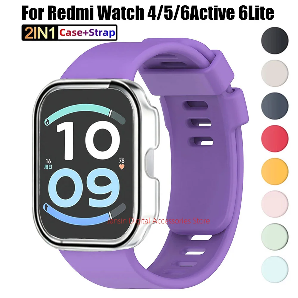 Sport Band for Redmi Watch 4 5 6Active 6Lite Strap+Clear Tempered Glass Case for Redmi Watch 6 Active Band+Protector Cover