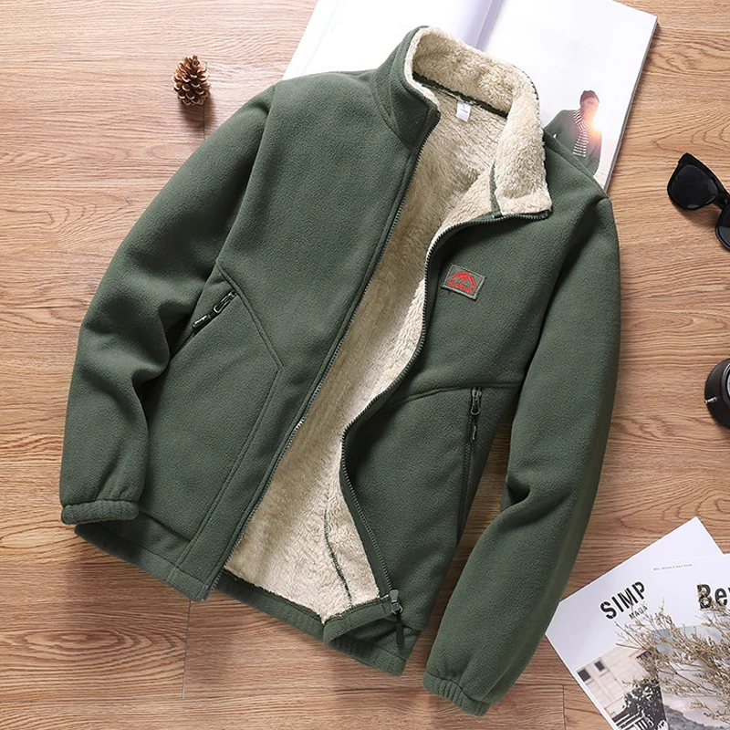 Mens Fleece Jacket Thick Warm Autumn Winter Coat Solid Color Casual Polar Jacket Man Outdoor Windbreaker Sportswear Outwear