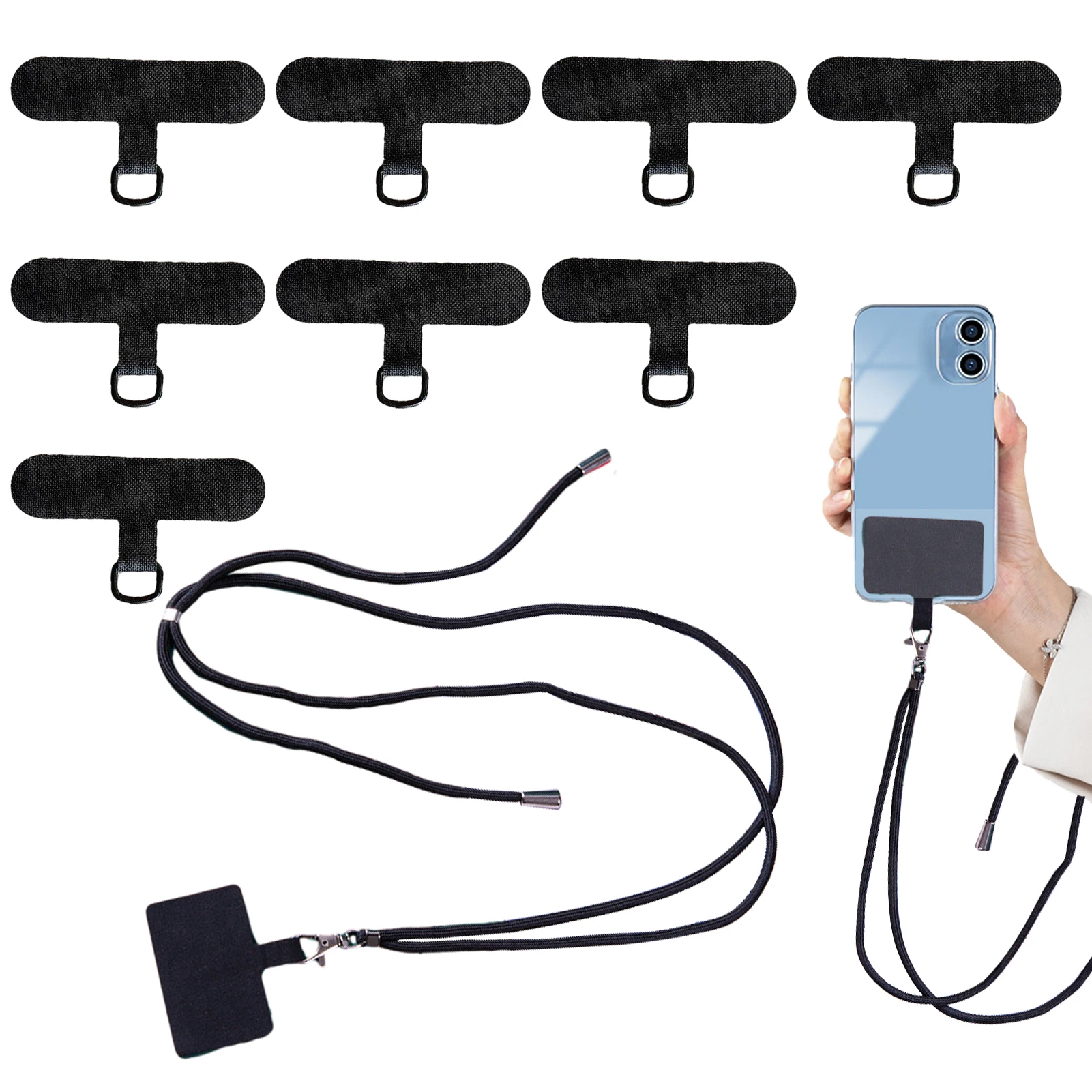 Telefone Tether Tab substituição com cordão, anel de metal ultra fino, anti perdido, preto, fácil instalação, reutilizável, mulheres, homens, protetora, 8pcs